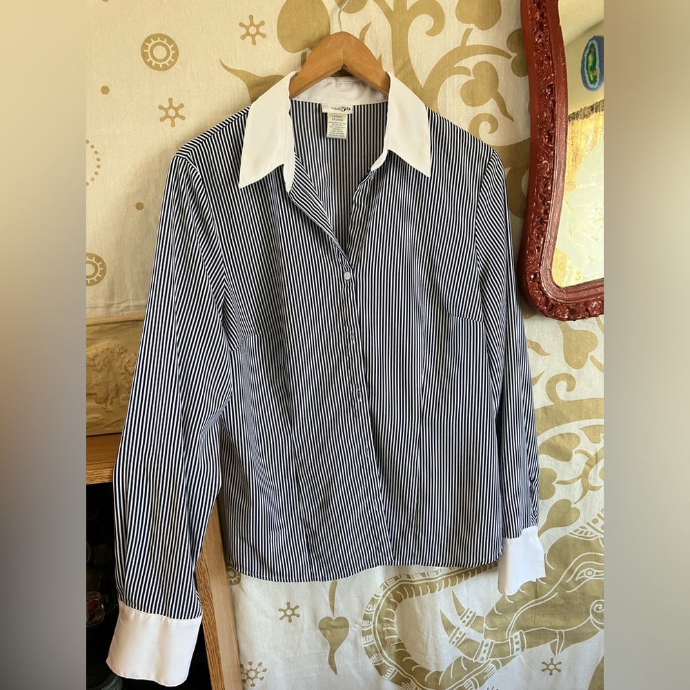 Ladies blouse. Long sleeve button down thin striped
